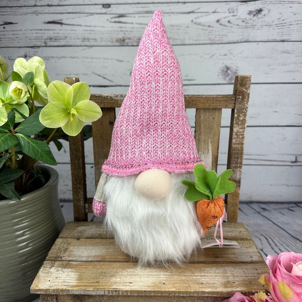🌸 Pink Spring Bunny Gnome with Carrot – Easter Farmhouse Shelf Sitter, NWT